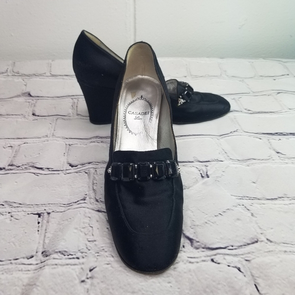 Vtg 90s Casadsi black satin jeweled pumps heels - Picture 6 of 13